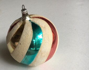 LARGE Striped and Glittery Shiny Brite Christmas Ornament Blue Gold Red White