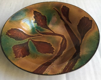 Vintage Enamel Copper Bowl Leaves Stems Orange Green Burgundy Retro
