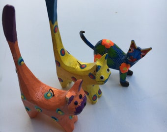 3 FUNKY Long Tail Painted Wooden Cats Colorful Cat Collectibles Orange Yellow Blue