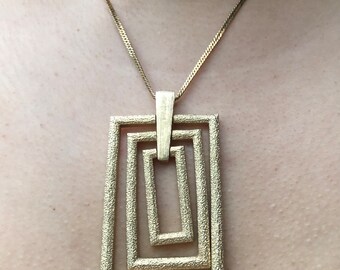 MOD 60s Gold Tone Necklace Metal Geometric Rectangle Pendant Retro Sarah Coventry w/ Avon Chain Groovy