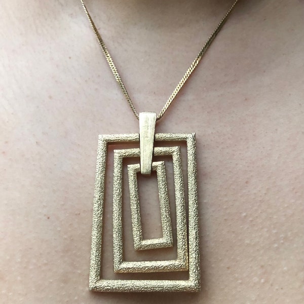 MOD 60s Gold Tone Necklace Metal Geometric Rectangle Pendant Retro Sarah Coventry w/ Avon Chain Groovy