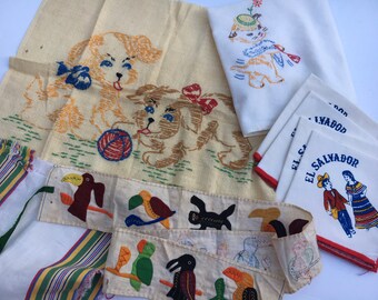 Grab Bag DESTASH Lot of 9 Vintage Linens Dish Towel Napkins Embroidered Panel Mola Belt