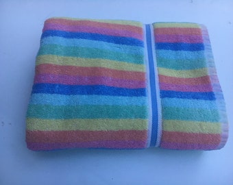 Vintage Pastel RAINBOW Stripe Towel Utica Pipeline J. P. Stevens Retro Goodness Mint Green Coral Yellow Pale Blue PRETTY