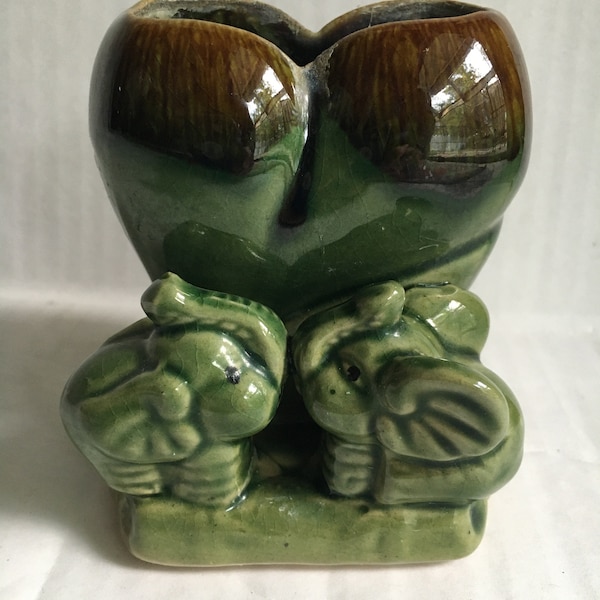 Vintage Double ELEPHANT Planter Glazed Cermaic