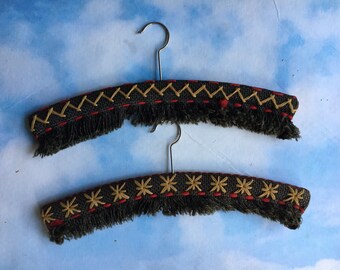 UNIQUE Vintage Fabric Covered RETRO Clothes Hangers Embroidered Burlap Brown Gold Red