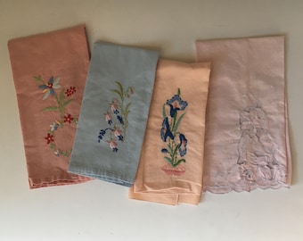 Vintage Lot of 4 Assorted Embroidered Fabric Napkins Table Linens Floral FLowers Pink Blue