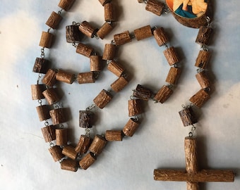 Extra Large Vintage Wood Wall Rosary Primitive 5 ft. doubled 6.5” Crucifix Mary Home Decor