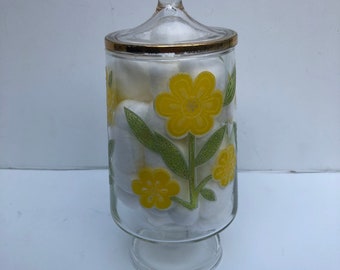 VINTAGE Mod Flower Glass Jar with Lid on Pedestal for Candy Vanity Items Yellow Green