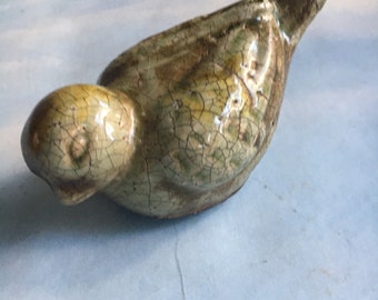 Rustic Crazed Ceramic Bird Pottery Collectible Figurine Green Brown