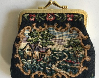 Vintage Coin Purse Petite Point Tapestry House Brook Tree Flowers 1970s