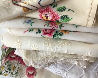 Grab Bag DESTASH Lot of 9 Vintage Hankies Handkerchiefs Hand Embroidered Flowers Cross Stitch