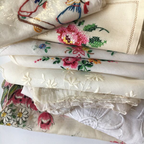 Grab Bag DESTASH Lot of 9 Vintage Hankies Handkerchiefs Hand Embroidered Flowers Cross Stitch