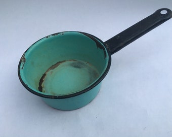 Vintage AQUA Enamel Pan Rustic Retro Beauty Turquoise Blue Black Handle Farmhouse Kitchen Decor Prop Collectible