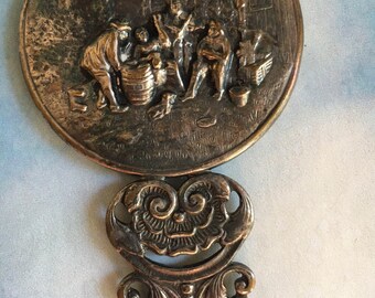Small Vintage Purse Hand Mirror Metal Hans Jensen Outdoor Scene Repousse Very Detailed Ornate Handle 4.5 inches