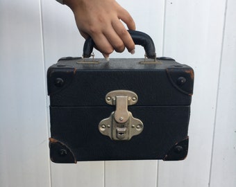 Vintage Black Leather Film Case PURSE with Handle Lock and KEY Funky Retro Cool Unique Handbag Lined with 3 Compartments