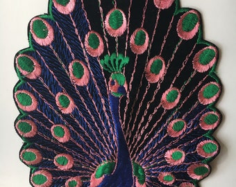 PEACOCK Extra Large Patch Sew On Applique Colorful Pin Green Blue 10 x 7 Vintage