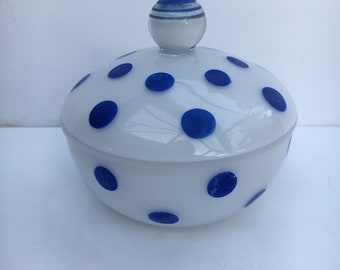 POLKA DOTS White frosted Glass Dish Jar with Lid Hand Painted Blue Polka Dots