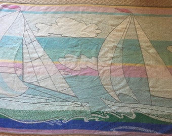 SAILBOATS Rare Vintage Large MOD Pastel Beach Towel Made in Portugal Colorful Retro Pool Towel Cotton