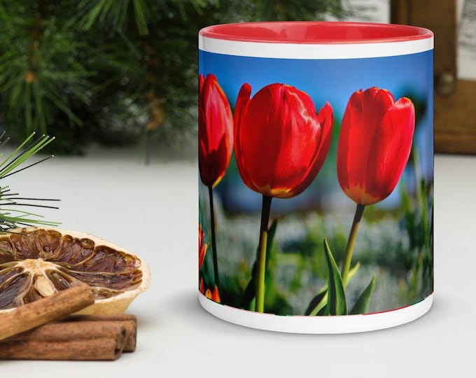 Red Tulips Photo Mug, Coffee and Garden Lover Gift, Unique Fine Art Kitchen Decor