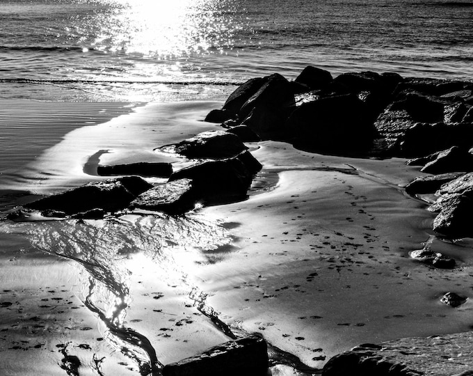 Serene Black and White Coastal Photo – Devon Sand & Rock Reflection Art | Instant Download Wall Decor, Minimalist Seaside Print