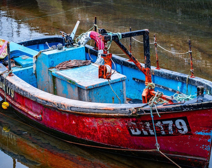 Small Crab Fishing Boat, Reflection Dartmouth Harbour Moored Photo Download, seascape marine water lover, gift wall art decor