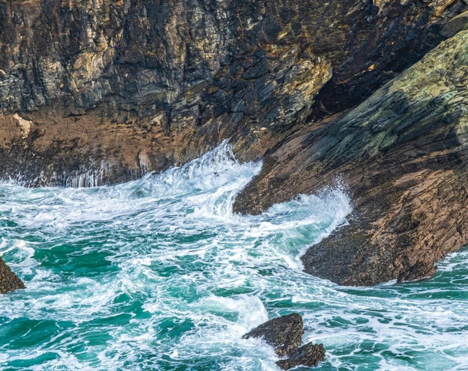 Wild Waves Crashing Against Volcanic Cliffs Photo Download, Cornwall Coastal Fine Art, Sea Lover Travel Gift and hi res Wall Decor
