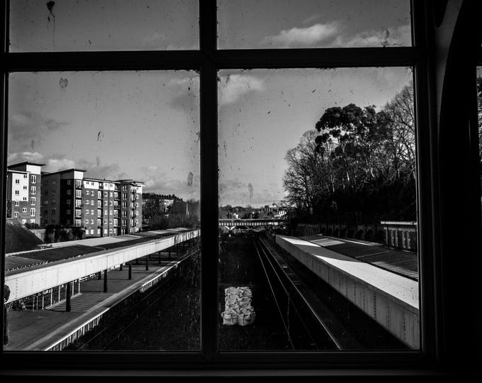 Black and White Photo Instant Download Vintage Railway Through Window, Exeter Devon Art Train Dcor Gift For Him, Abstract High Res, Fine Art
