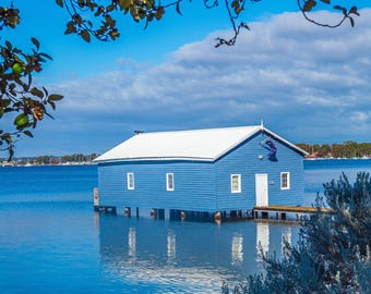 Blue Boat House Photo: Swan River, Perth - Australian Travel Wall Art (Digital Download)