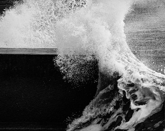 Dramatic Sea Wave Crashing into Wall, Black and White Photo Download