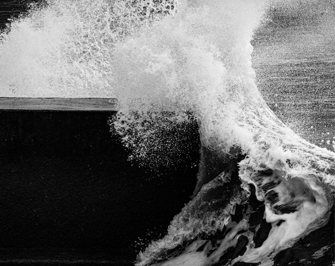 Dramatic Sea Wave Crashing into Wall, Black and White Photo Download