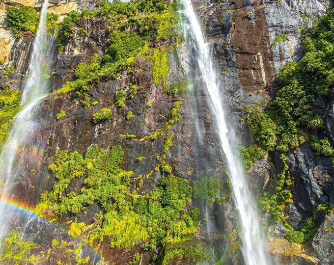 Spectacular Twin Waterfalls, Rainbow Photo Download, Fine art High Res, Milford Sound NZ Travel Gift, Nature Lovers Wall Art Printable Decor