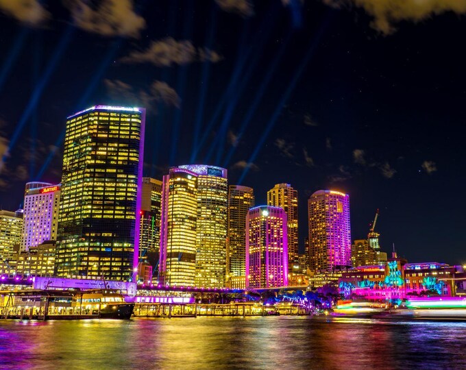 Sydney Harbour Night Photo Download, Vivid Light Show at Circular Quays, NSW Travel Gift and Fine Art Wall Decor