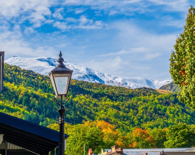 Instant Download Photo Arrowtown NZ Autumn – South Island Street and Snowy Mountain View – Instant Download Travel Lover Gift Print Ready