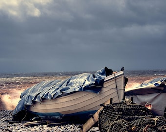 Stormy Beach Coastal Print: Shingle Boats, Nautical Wall Art (Digital Download)