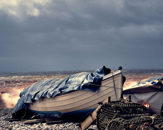 Stormy Beach Scene with Boats on Shingle – Coastal Wall Art