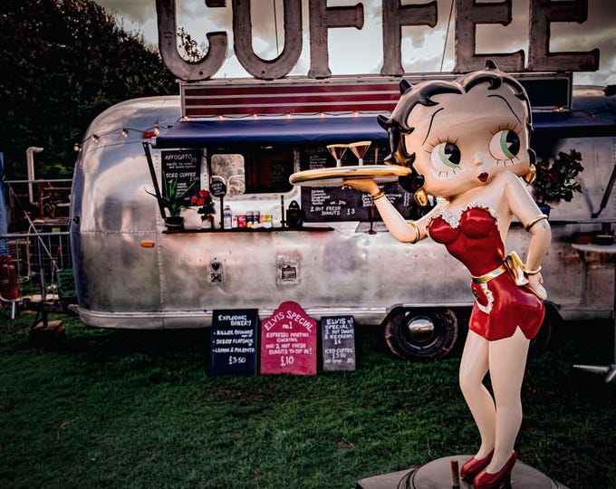 Retro Coffee Stop Photo - Aero Caravan with Life-Size Betty Boop - Instant Digital Download, Gift For Her , Cartoon Wall Art High Res