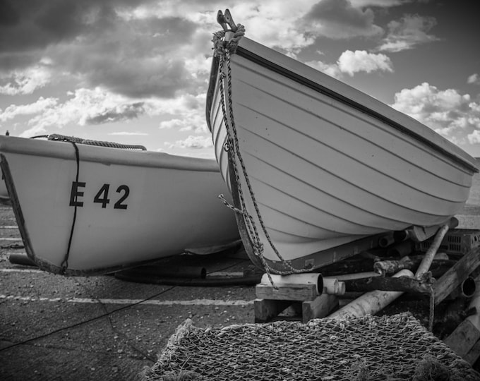Black and White Photo download of Two Boats on Shingle Beach - Sidmouth, Devon Wall Art Decor , Seascape, Coastal lover Gift for him