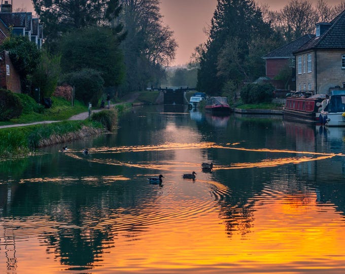 Hungerford Canal Basin Sunset, Reflected Orange Glow, Narrow Boats and Lock Photo Download