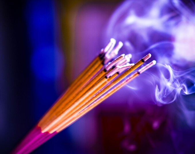 Abstract photograph download Glowing Joss Sticks Smoke | Purple & Pink on Dark Background