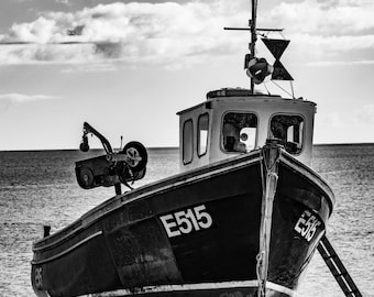 Small Fishing Boat BW Photo Download, Devon Coastal Seascape, Nautical Wall Art Gift and Fine Art Photograph for Him