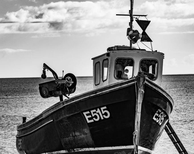 Small Fishing Boat BW Photo Download, Devon Coastal Seascape, Nautical Wall Art Gift and Fine Art Photograph