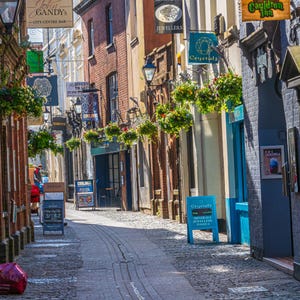 Download istantaneo di foto di strade della città antica di Exeter, insegne colorate di negozi, paesaggio urbano antico della città romana, decorazioni artistiche ad alta risoluzione, stampa medievale