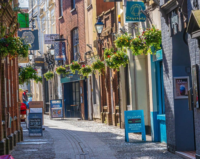 Photo Instant Download Ancient City Street Exeter Colorful Shop Signs, Ancient Cityscape Roman City, High Res Fine Art decor, medieval Print