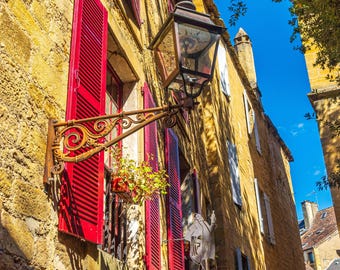 French Village Photo: Golden Sunlight, Red Shutters (Digital Download)