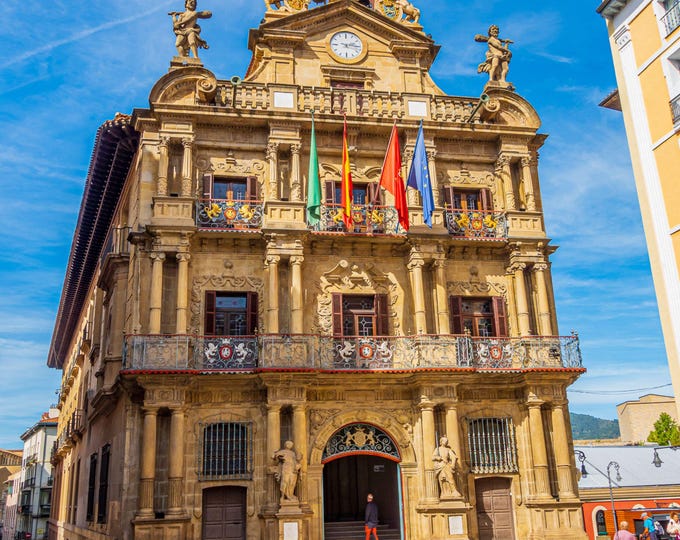Pamplona Spain Ancient Colourful Flags Building Town Centre Photo Download