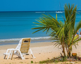 Tropical Beach Photo with Lounger and Palm - Bali Paradise Print - Instant Download- Bali Paradise Traveller Gift, Holiday Decor