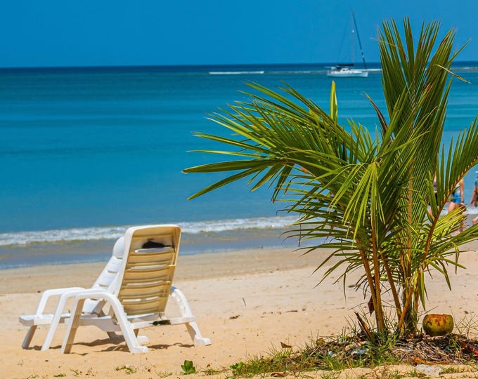 Tropical Beach Photo with Lounger and Palm - Bali Paradise Print - Instant Download