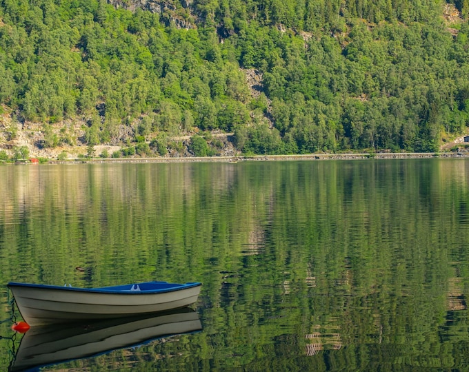 Boat Reflection in Fjord Print | Serene Mountain Lake Photo | Calm Water Landscape | Nordic Wall Art | Instant Digital Download, High Res