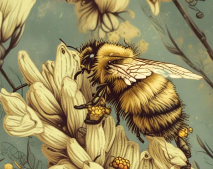 Bee on Lavender Vintage Sepia Photo | AI-Enhanced Nature Wall Art | Instant Download Botanical Print |