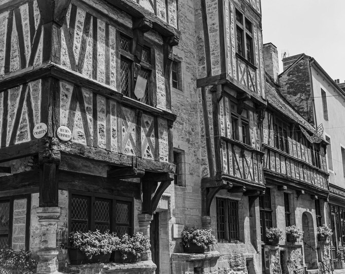 Black & White Photo – Half-Timbered Building, Bayeux, France – Historic Architecture